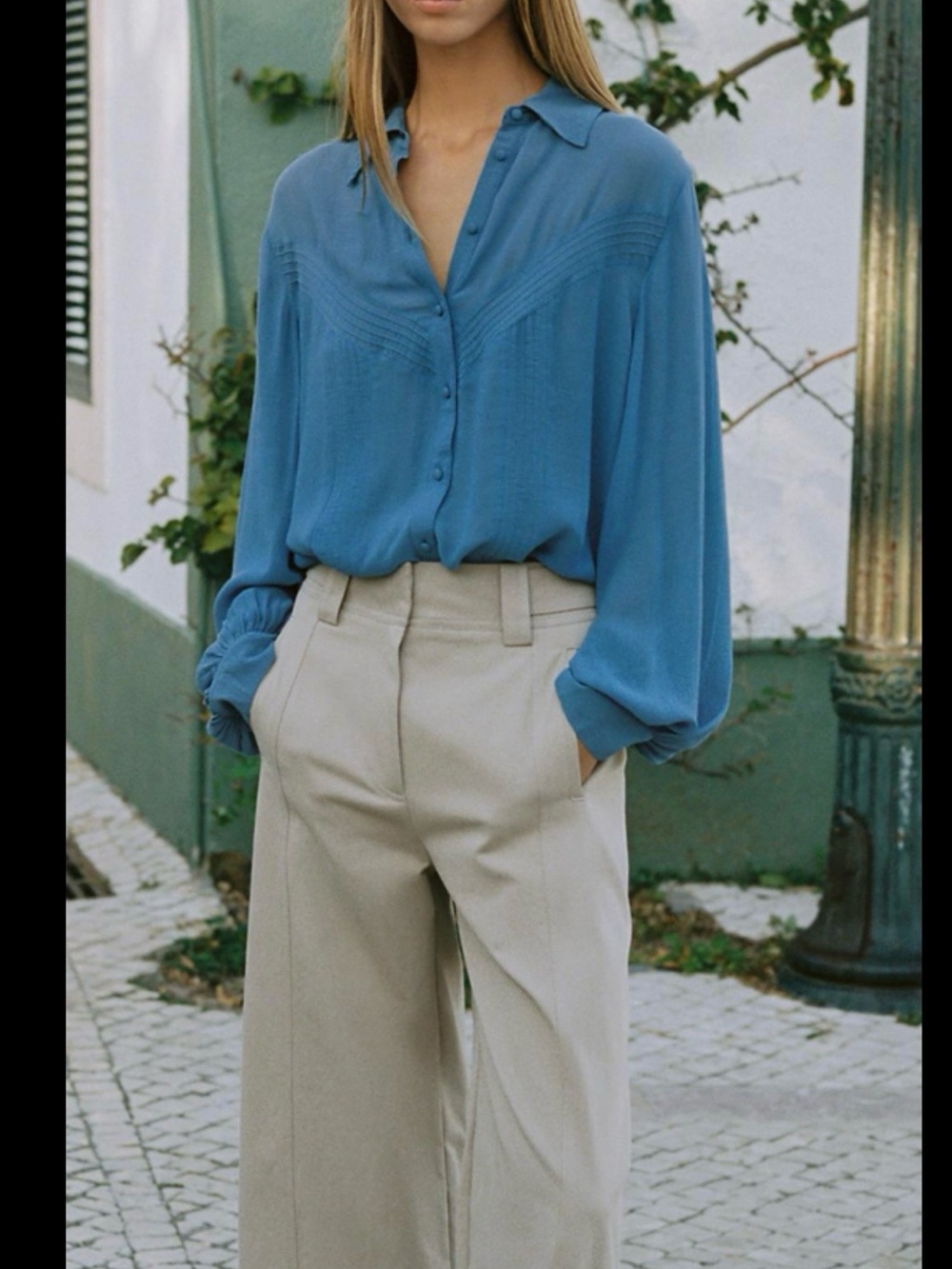 Zara Blue Long-Sleeve Button Front Blouse